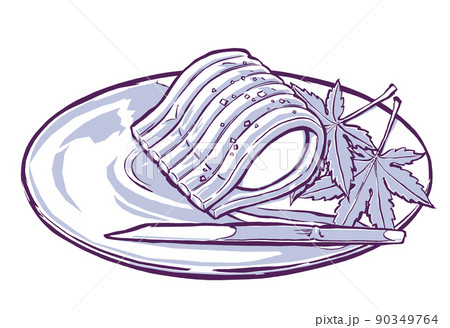 青カエデをかいしきにしてガラスの菓子皿に乗せた白餡をくるんだ錦玉羹　筆描き・2色塗り 90349764