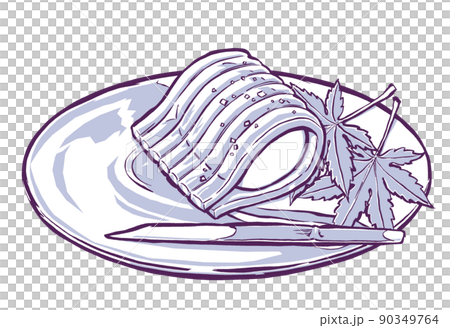 青カエデをかいしきにしてガラスの菓子皿に乗せた白餡をくるんだ錦玉羹　筆描き・2色塗り 90349764