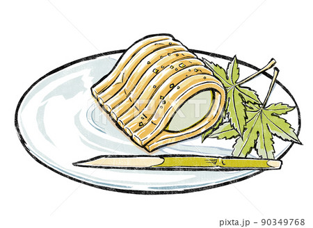 青カエデをかいしきにしてガラスの菓子皿に乗せた青梅餡をくるんだ梅酒の錦玉羹　版画風 90349768