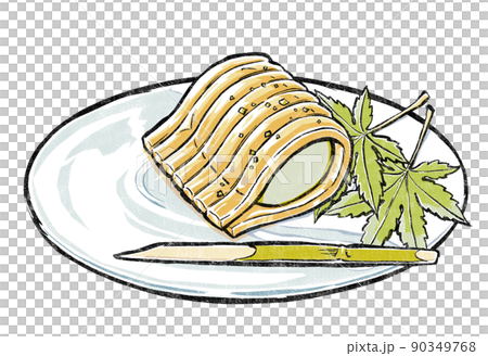 青カエデをかいしきにしてガラスの菓子皿に乗せた青梅餡をくるんだ梅酒の錦玉羹　版画風 90349768