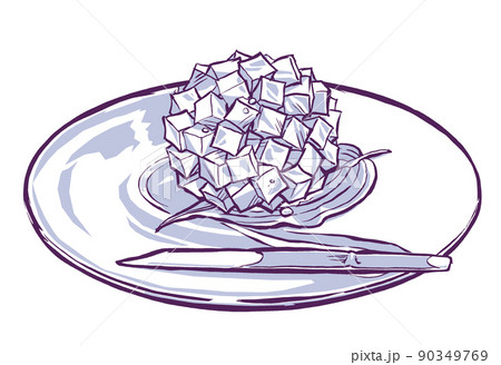 ツユクサの葉をかいしきにしてガラスの菓子皿に乗せた紫陽花の錦玉羹　筆描き・2色塗り 90349769