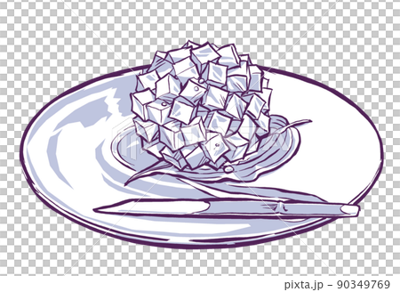 ツユクサの葉をかいしきにしてガラスの菓子皿に乗せた紫陽花の錦玉羹　筆描き・2色塗り 90349769