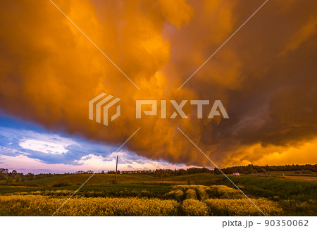 Storm cloud in the sunset light, shelf cloud with dramatic light Storm cloud in the sunset light, shelf cloud with dramatic light 90350062