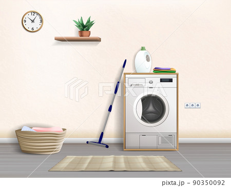 Laundry Room Interior with Washing Machine, realistic vector illustration 90350092