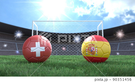 Two soccer balls in flags colors on stadium blurred background. Switzerland and Spain. 3d image Two soccer balls in flags colors on stadium blurred background. Switzerland and Spain. 3d image 90351456