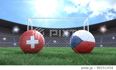 Two soccer balls in flags colors on stadium blurred background. Switzerland and Czech Republic. 3d image 90351458