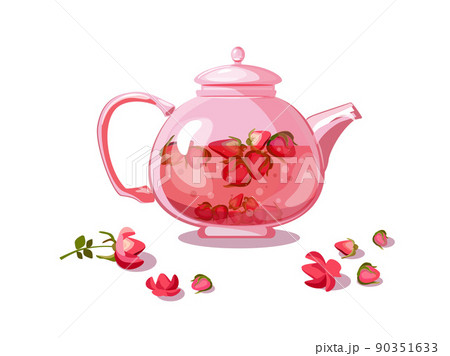 Teapot with rosebud tea. Time o clock. Tea shop, break, cafe-bar, tea lover, tea party. Teapot with rosebud tea. Time o clock. Tea shop, break, cafe-bar, tea lover, tea party. 90351633