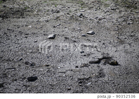ひび割れた地面が見えている溜池の底の風景 90352536