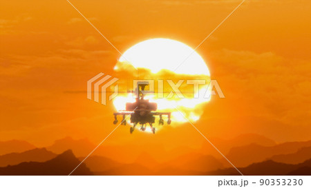Helicopter flying over the mountains at sunset, hot weather, heat distortion 90353230