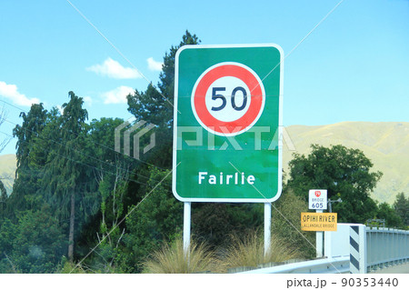 A signboard of Fairlie, New Zealand. Fairlie is a Mackenzie District service town located in the Canterbury region of the South Island of New Zealand. 90353440