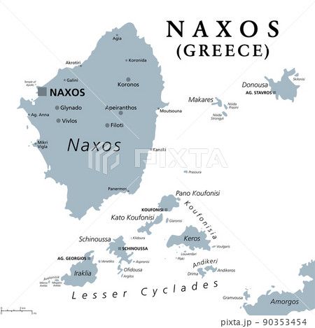 Naxos and Lesser Cyclades, Greek islands, gray political map. Island group in the Aegean Sea, part of the Cyclades archipelago. Popular tourist destination with a number of beaches and several ruins. 90353454