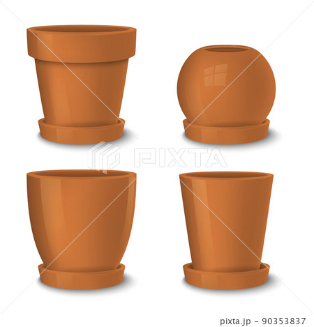 Realistic vector brown empty flower pot with plate set. Closeup isolated on white background. Design template for branding, mockup. EPS10. 90353837