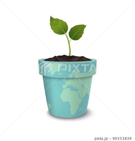 Ecology concept. Earth Day, World environmen day, Save the Earth or Green day. Vector background with sprout in a flower pot with a print of the Earth, isolated on white background. EPS10. Ecology concept. Earth Day, World environmen day, Save the Earth or Green day. Vector background with sprout in a flower pot with a print of the Earth, isolated on white background. EPS10. 90353839