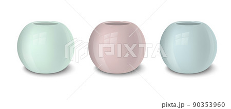Realistic vector empty flower pot set, pastel colors - pink, green and blue. Closeup isolated on white background. Design template for branding, mockup. EPS10. 90353960