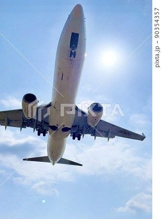 青空を飛ぶ迫力満点の飛行機 90354357