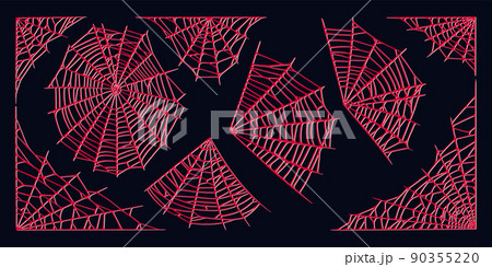 Spider web set isolated on dark background. Spooky Halloween red cobwebs. Vector illustration Spider web set isolated on dark background. Spooky Halloween red cobwebs. Vector illustration 90355220