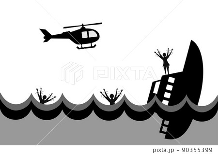 沈没船と救助を求める人と救助に向かうヘリコプター 海難事故のイメージ のイラスト素材