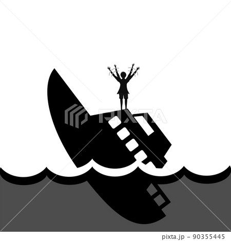 沈没する船の上で助けを求めて腕を振る男性のシルエット。海難事故のイメージ。 沈没する船の上で助けを求めて腕を振る男性のシルエット。海難事故のイメージ。 90355445