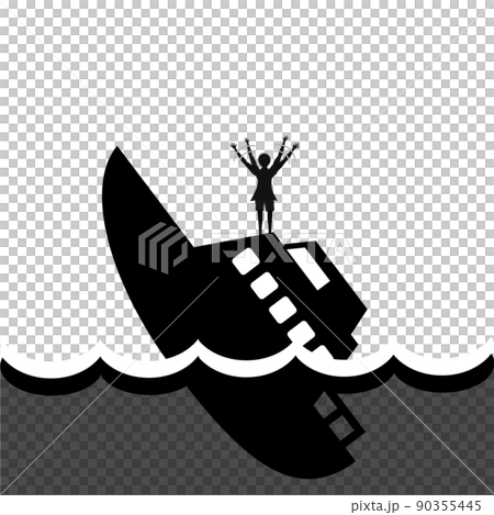 沈没する船の上で助けを求めて腕を振る男性のシルエット。海難事故のイメージ。 沈没する船の上で助けを求めて腕を振る男性のシルエット。海難事故のイメージ。 90355445
