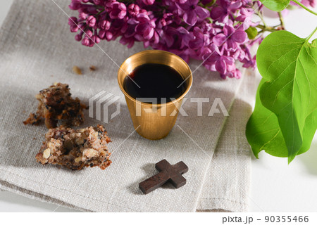 The Feast of Corpus Christi Concept. Bread and red wine symbols of Jesus Christ blood and body. 90355466