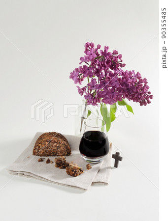 The Feast of Corpus Christi Concept. Bread and red wine symbols of Jesus Christ blood and body. 90355485