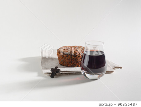 The Feast of Corpus Christi Concept. Bread and red wine symbols of Jesus Christ blood and body. 90355487