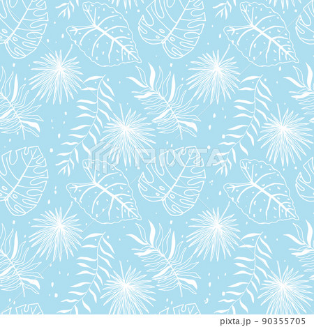 Seamless pattern with outline of tropical leaves on blue background. Seamless pattern with outline of tropical leaves on blue background. 90355705