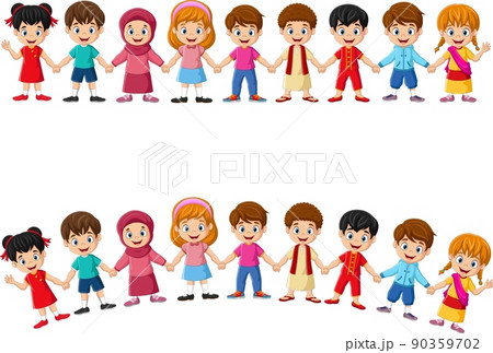 Cartoon group of multiethnic children holding hands 90359702
