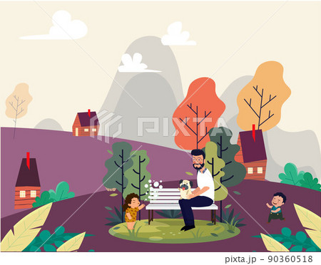 Drawing a family playful with father and kids at the park Drawing a family playful with father and kids at the park 90360518