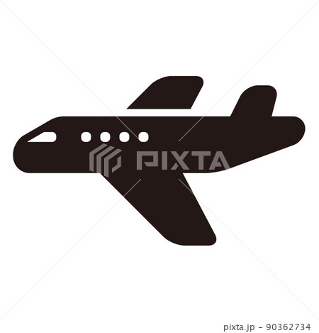 飛行機のシンプルな横向きモノクロアイコン 白背景のイラスト素材