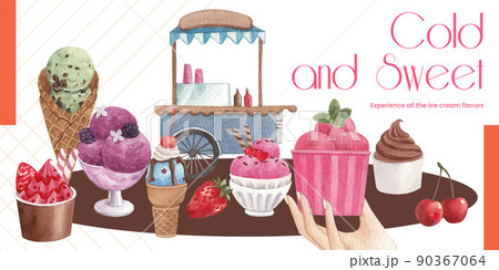 Blog header template with ice cream flavor concept,watercolor style Blog header template with ice cream flavor concept,watercolor style 90367064