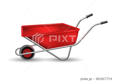 Red realistic wheelbarrow. Working device for hauling trash and helping with gardening Red realistic wheelbarrow. Working device for hauling trash and helping with gardening 90367754