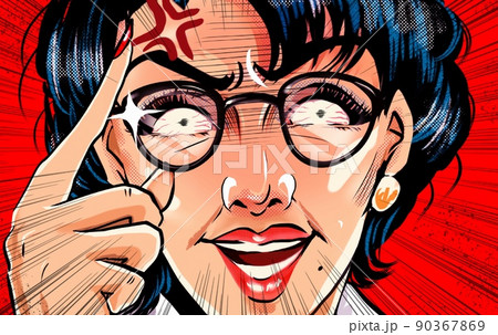 突然ブチギレるメガネをかけたモンスターペアレント教育ママのアメコミ風カラーイラスト 90367869