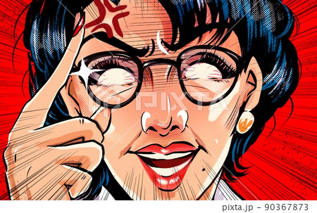 突然ブチギレるメガネをかけたモンスターペアレント教育ママのアメコミ風カラーイラスト 90367873