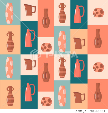 Seamless pattern with clay vases on a colored background. Vector illustration. For use in fabrics, textiles, shops, covers, packaging, flyers and invitations. 90368661