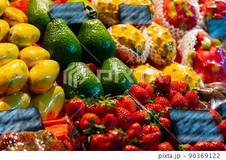 Colorful fruit berries are displayed in a market 90369122