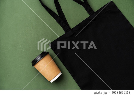 Textile shopping bag and coffee cup flat lay 90369233