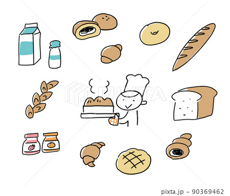 パン屋さんと色々なパンのイラスト素材