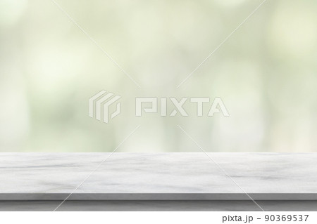 marble table top with blurred kitchen cafe restaurant interior background 90369537