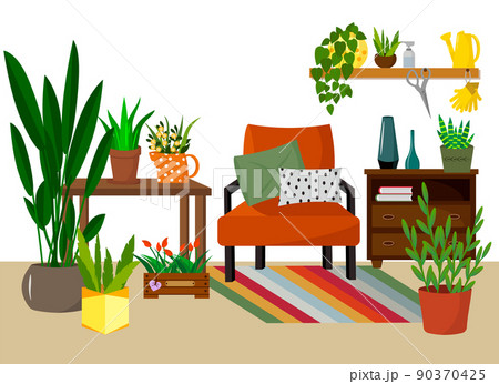 Balcony garden - chair with cushions, chest of drawers and various flowers. Place for rest with flowers and boxes for seedlings. Vector illustration. For use in brochures, flyers, advertising illustra 90370425