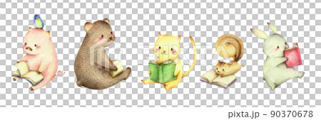 読書する動物たちのセット　手描き色鉛筆画 90370678