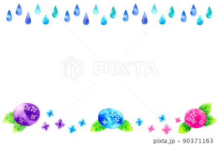 雨の雫とあじさいの背景 梅雨 初夏の手描き水彩イラスト素材のイラスト素材