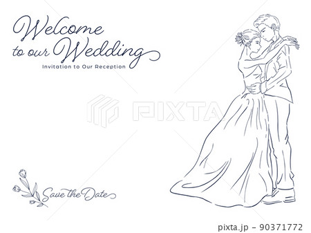 結婚式の招待状 ドレスアップした新郎新婦のイラスト カードデザイン 白背景に線画の挿絵 のイラスト素材