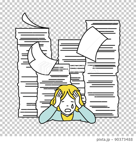 一名女上班族因無紙化辦公室沒有進展而被大量工作文件壓垮並哀悼的插圖 90373488