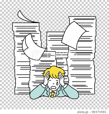 ペーパーレス化が進まず仕事の書類資料の多さに押しつぶされて嘆く男性会社員のイラスト 90373491