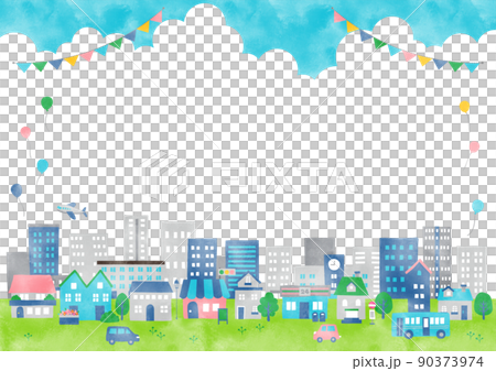 水彩 夏の賑やかな住宅街フレーム 90373974