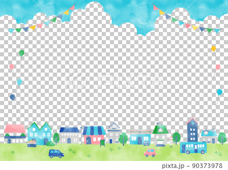 水彩 夏の賑やかな住宅街フレーム 90373978
