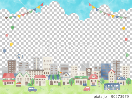 水彩 夏の賑やかな住宅街フレーム 90373979