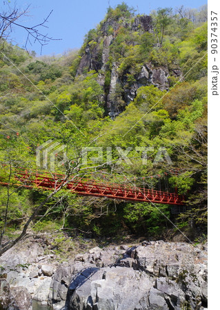 春の長門峡紅葉橋の景色 90374357