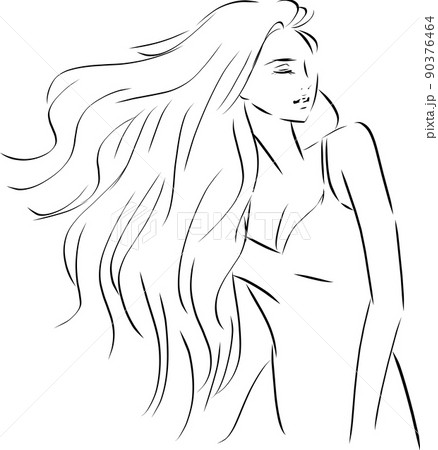 髪の毛がなびく女性　線画 90376464